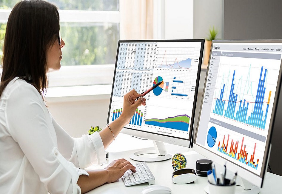 Analysts reviewing research data